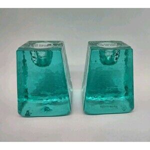 FIRE & LIGHT Recycled Art Glass 2.5" Aqua Blue Green Candlesticks